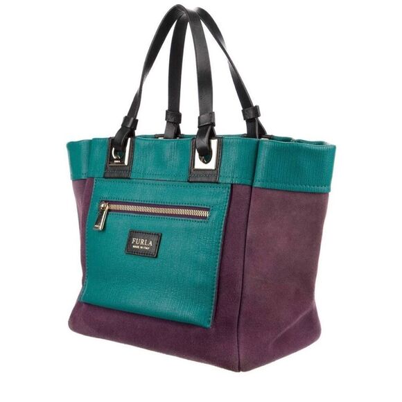 Furla Tribe Reversible Tote – Teal & Purple Italian Suede + Saffiano Leather - Picture 3 of 10